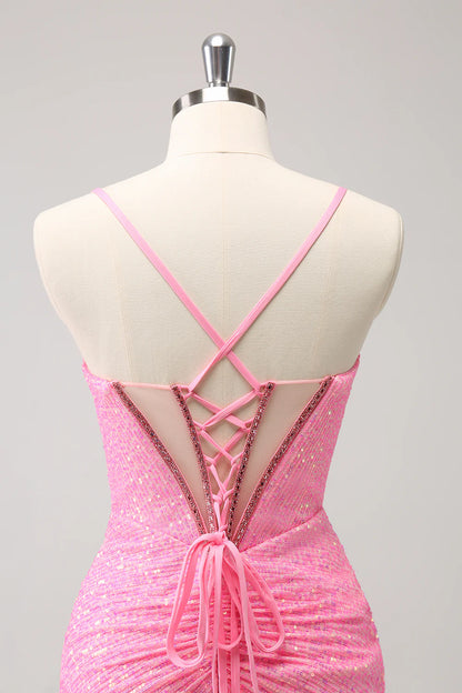 Amzcw Stylish Sparkly Unique Pink Tight Sequin Corset Homecoming Dress with Lace Up Back
