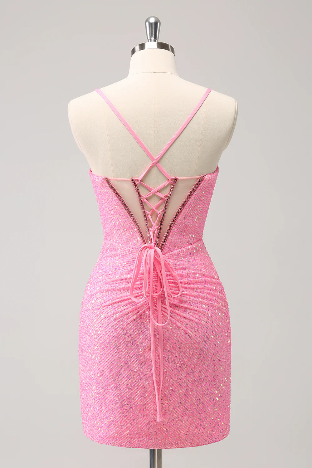 Amzcw Stylish Sparkly Unique Pink Tight Sequin Corset Homecoming Dress with Lace Up Back