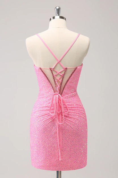 Amzcw Stylish Sparkly Unique Pink Tight Sequin Corset Homecoming Dress with Lace Up Back