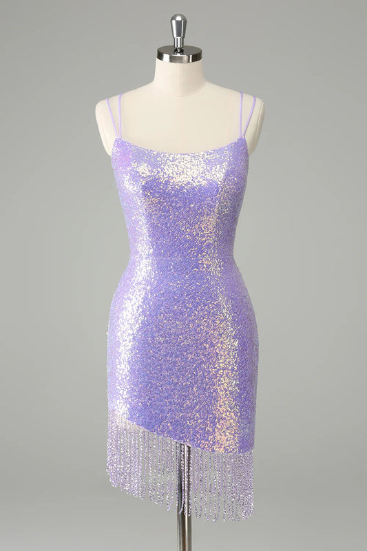 Amzcw Gorgeous Bodycon Lilac Corset Sequin Short Homecoming Dress with Tassel