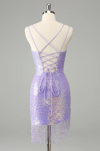 Amzcw Gorgeous Bodycon Lilac Corset Sequin Short Homecoming Dress with Tassel