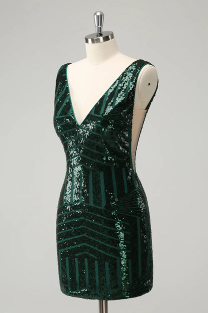Amzcw Stylish Dark Green Bodycon V Neck Sequin Short Homecoming Dress with Detachable Skirt