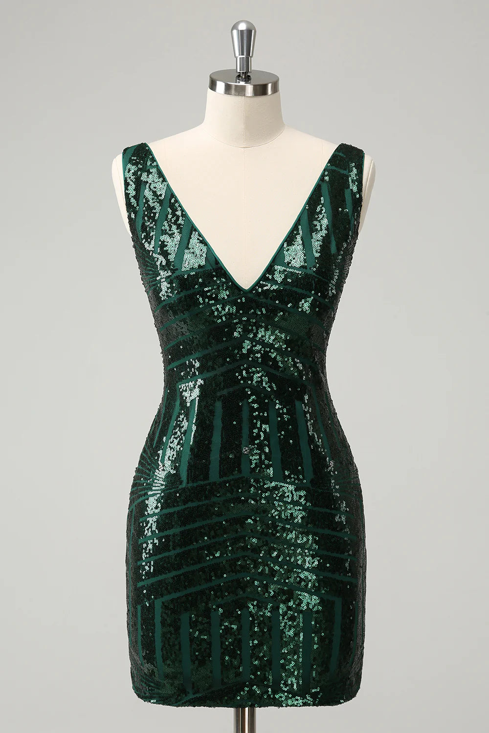Amzcw Stylish Dark Green Bodycon V Neck Sequin Short Homecoming Dress with Detachable Skirt