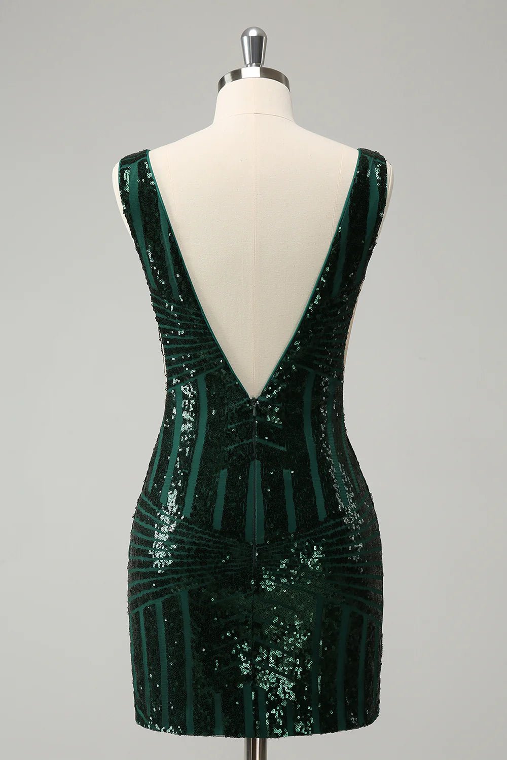 Amzcw Stylish Dark Green Bodycon V Neck Sequin Short Homecoming Dress with Detachable Skirt