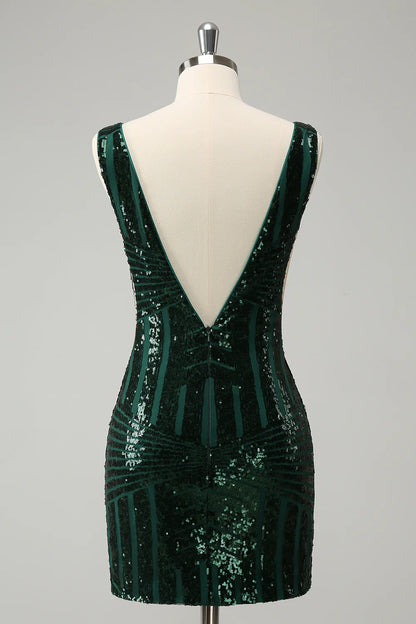 Amzcw Stylish Dark Green Bodycon V Neck Sequin Short Homecoming Dress with Detachable Skirt