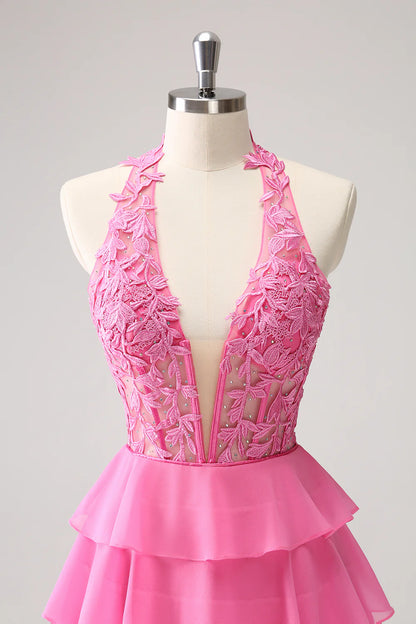 Amzcw Cute Hot Pink A Line Strapless Tiered Corset Ruffle Homecoming Dress with Beading