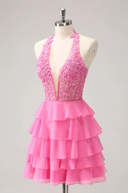 Amzcw Cute Hot Pink A Line Strapless Tiered Corset Ruffle Homecoming Dress with Beading