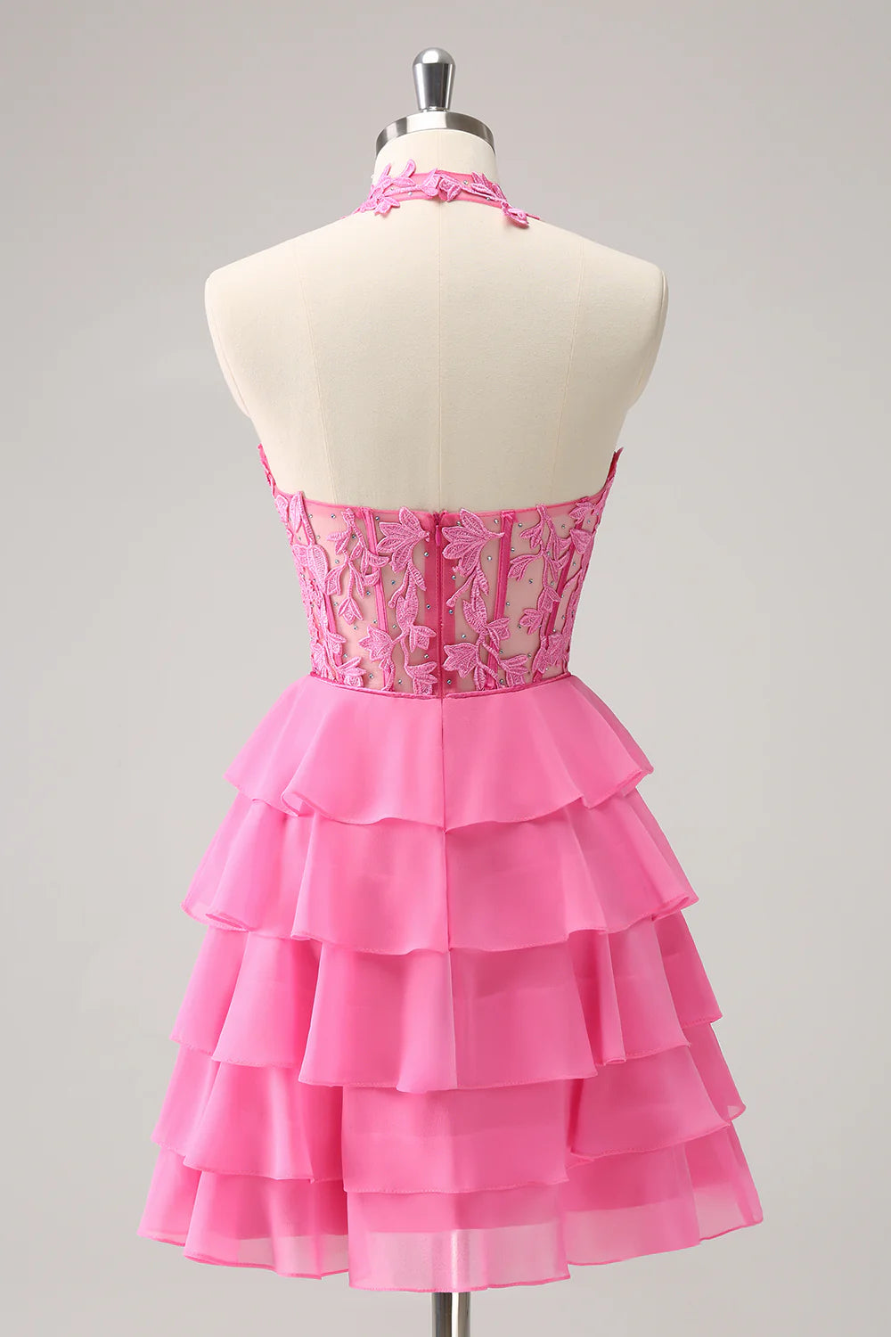 Amzcw Cute Hot Pink A Line Strapless Tiered Corset Ruffle Homecoming Dress with Beading