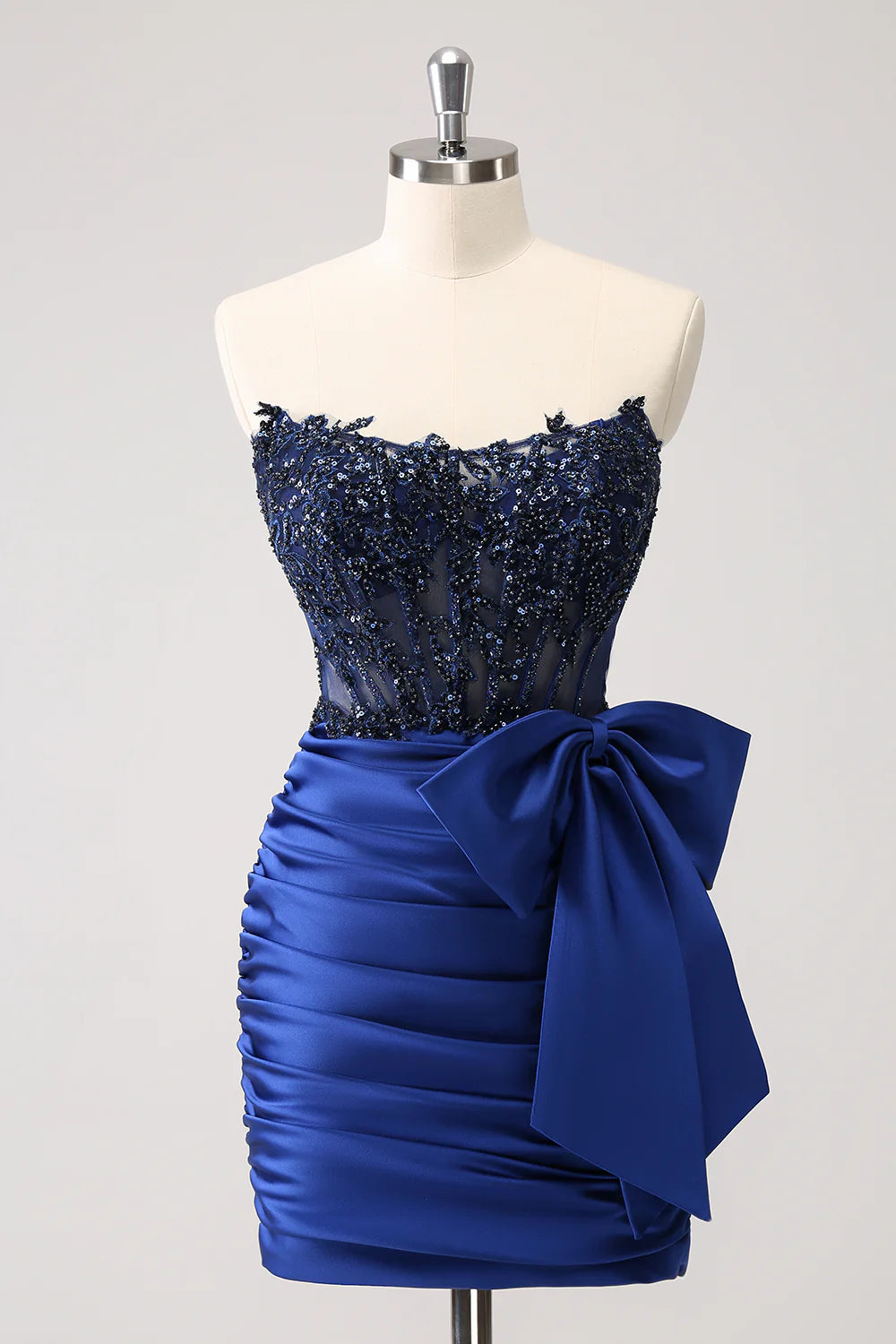 Amzcw Unique Navy Tight Strapless Corset Pleated Short Beaded Homecoming Dress with Bow