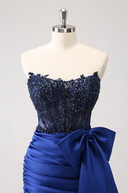 Amzcw Unique Navy Tight Strapless Corset Pleated Short Beaded Homecoming Dress with Bow