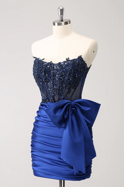 Amzcw Unique Navy Tight Strapless Corset Pleated Short Beaded Homecoming Dress with Bow
