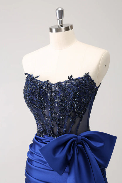 Amzcw Unique Navy Tight Strapless Corset Pleated Short Beaded Homecoming Dress with Bow