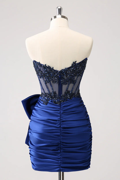 Amzcw Unique Navy Tight Strapless Corset Pleated Short Beaded Homecoming Dress with Bow