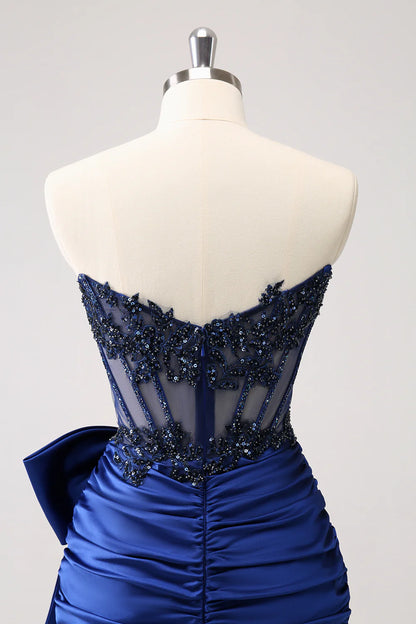 Amzcw Unique Navy Tight Strapless Corset Pleated Short Beaded Homecoming Dress with Bow