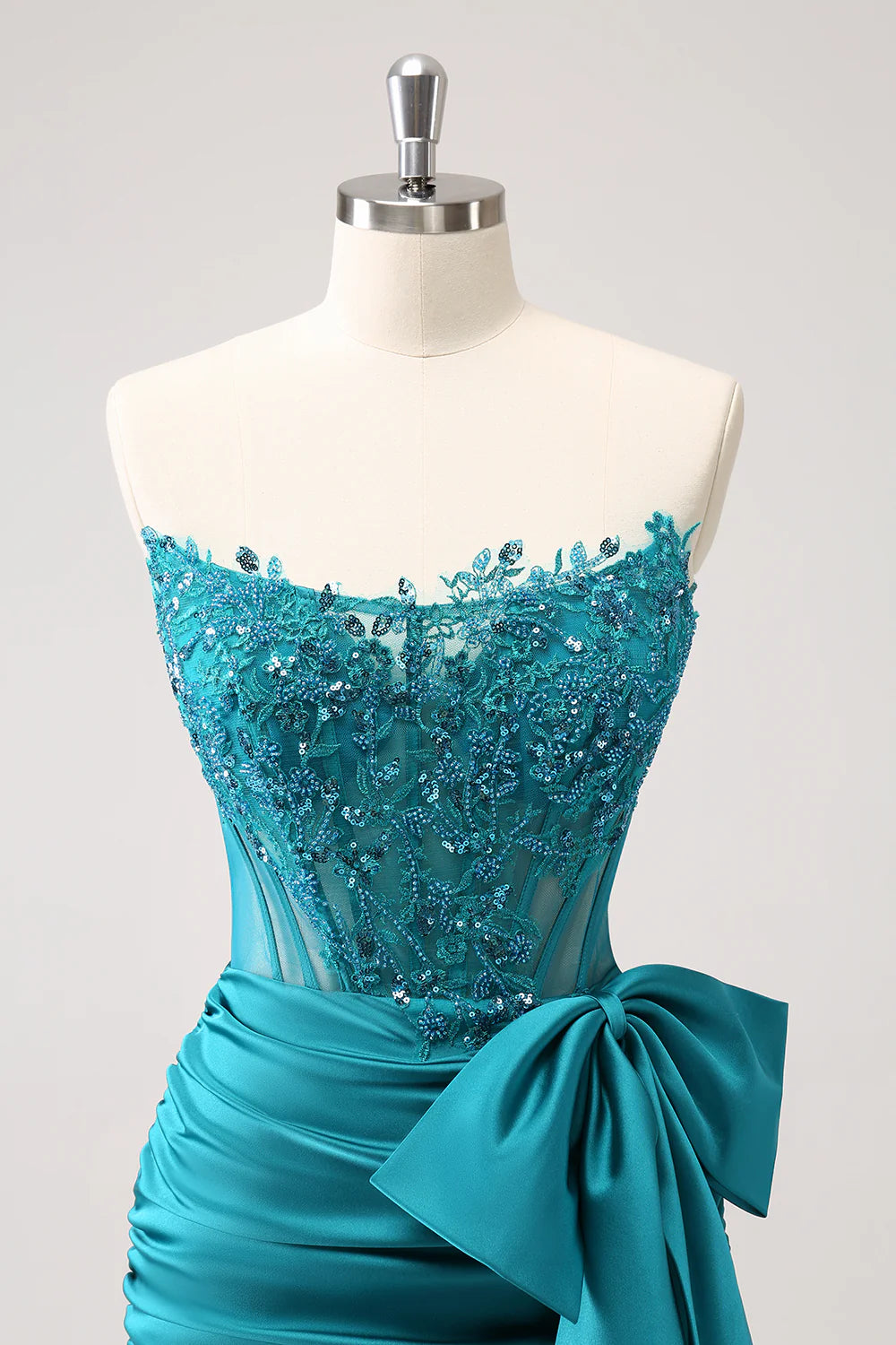 Amzcw Unique Peacock Tight Strapless Corset Pleated Short Beaded Homecoming Dress with Bow