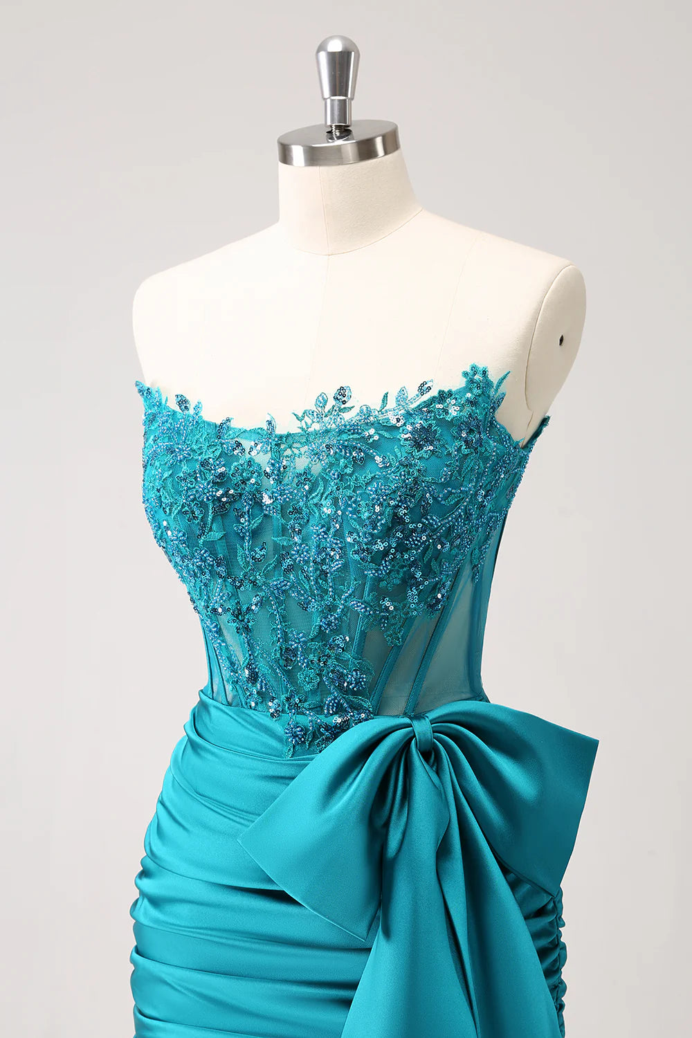 Amzcw Unique Peacock Tight Strapless Corset Pleated Short Beaded Homecoming Dress with Bow