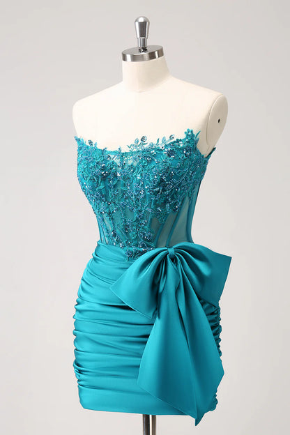 Amzcw Unique Peacock Tight Strapless Corset Pleated Short Beaded Homecoming Dress with Bow