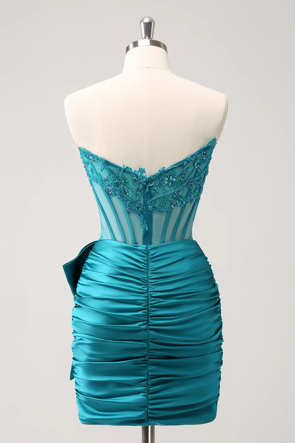 Amzcw Unique Peacock Tight Strapless Corset Pleated Short Beaded Homecoming Dress with Bow