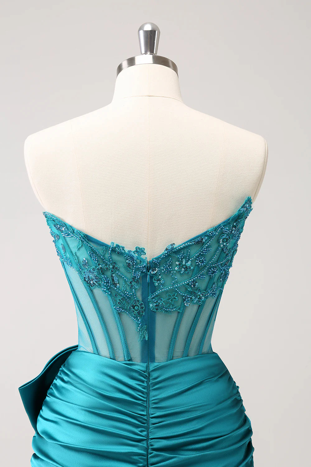 Amzcw Unique Peacock Tight Strapless Corset Pleated Short Beaded Homecoming Dress with Bow