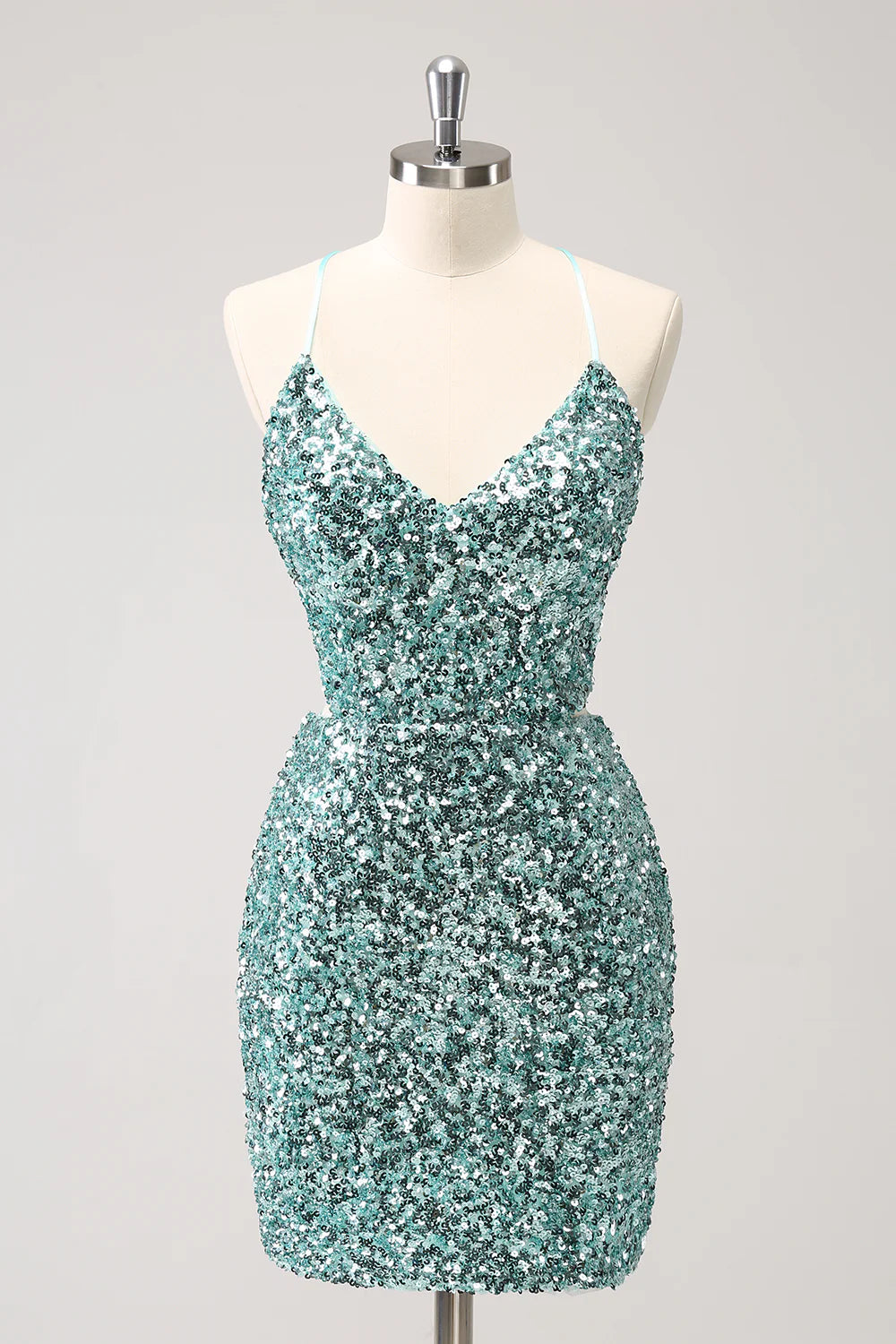 Amzcw Sparkly Blue Tight Lace Up Back Sequin Short Homecoming Dress with Slit