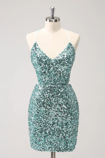 Amzcw Sparkly Blue Tight Lace Up Back Sequin Short Homecoming Dress with Slit
