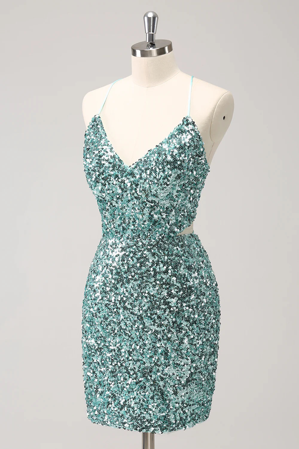 Amzcw Sparkly Blue Tight Lace Up Back Sequin Short Homecoming Dress with Slit