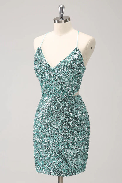 Amzcw Sparkly Blue Tight Lace Up Back Sequin Short Homecoming Dress with Slit