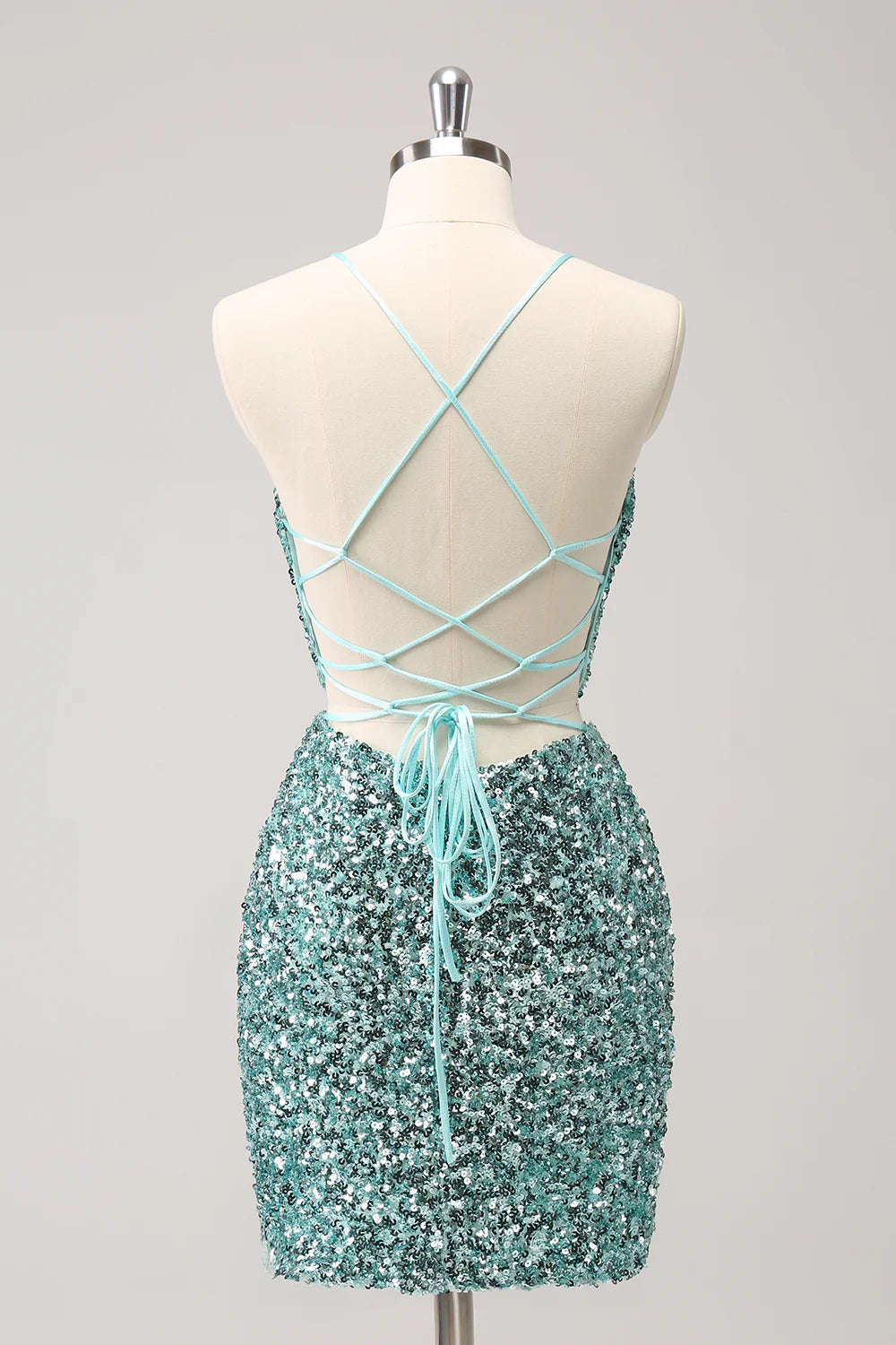 Amzcw Sparkly Blue Tight Lace Up Back Sequin Short Homecoming Dress with Slit