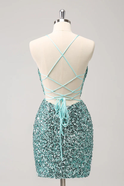 Amzcw Sparkly Blue Tight Lace Up Back Sequin Short Homecoming Dress with Slit