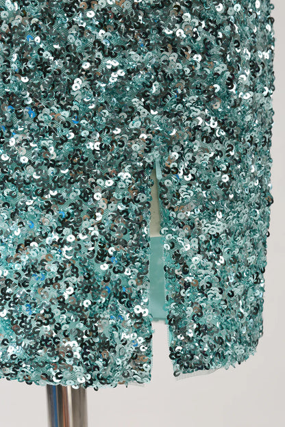 Amzcw Sparkly Blue Tight Lace Up Back Sequin Short Homecoming Dress with Slit