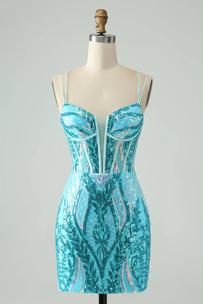 Amzcw Gorgeous Blue Bodycon Spaghetti Straps Corset Homecoming Dress with Sequins