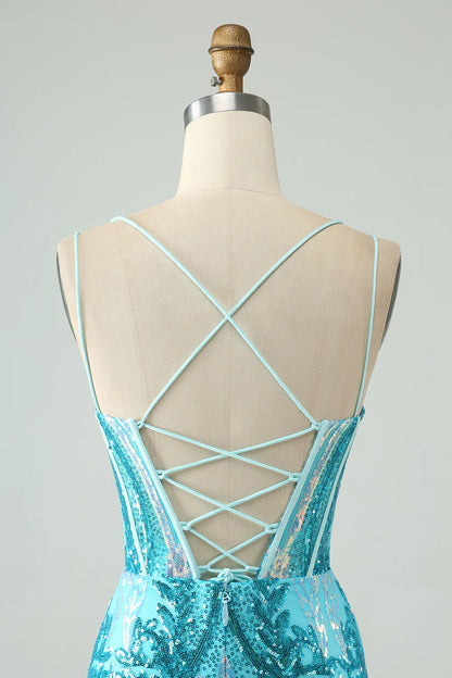 Amzcw Gorgeous Blue Bodycon Spaghetti Straps Corset Homecoming Dress with Sequins