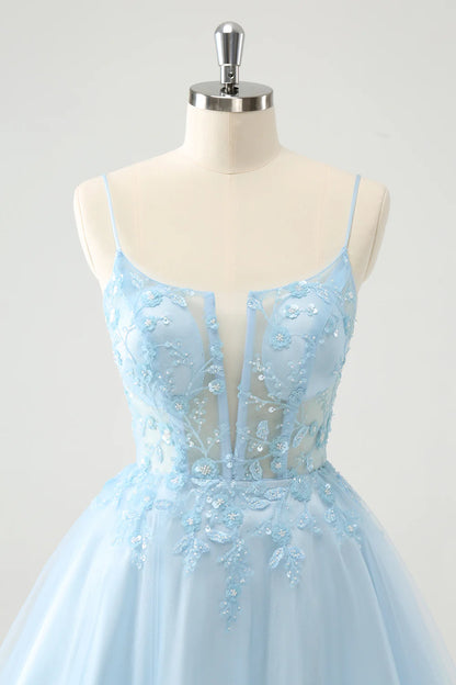 Amzcw Cute Sparkly Blue A Line Sequins Corset Short Homecoming Dress with Lace Up Back