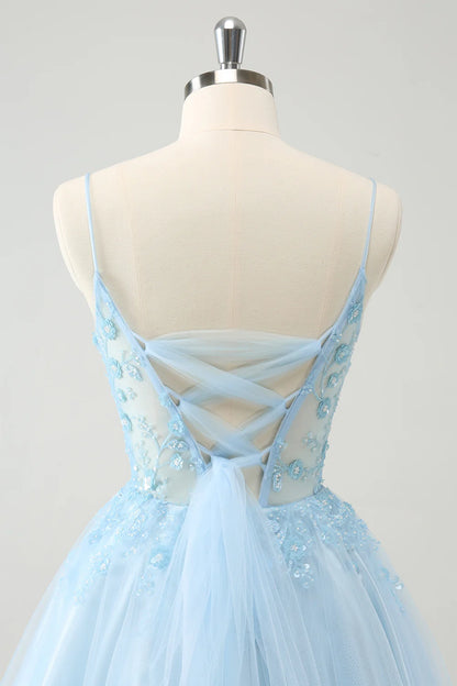 Amzcw Cute Sparkly Blue A Line Sequins Corset Short Homecoming Dress with Lace Up Back