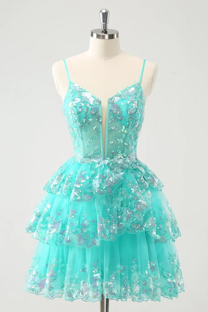 Amzcw Cute Sparkly Green A Line Spaghetti Straps Corset Tiered Short Homecoming Dress