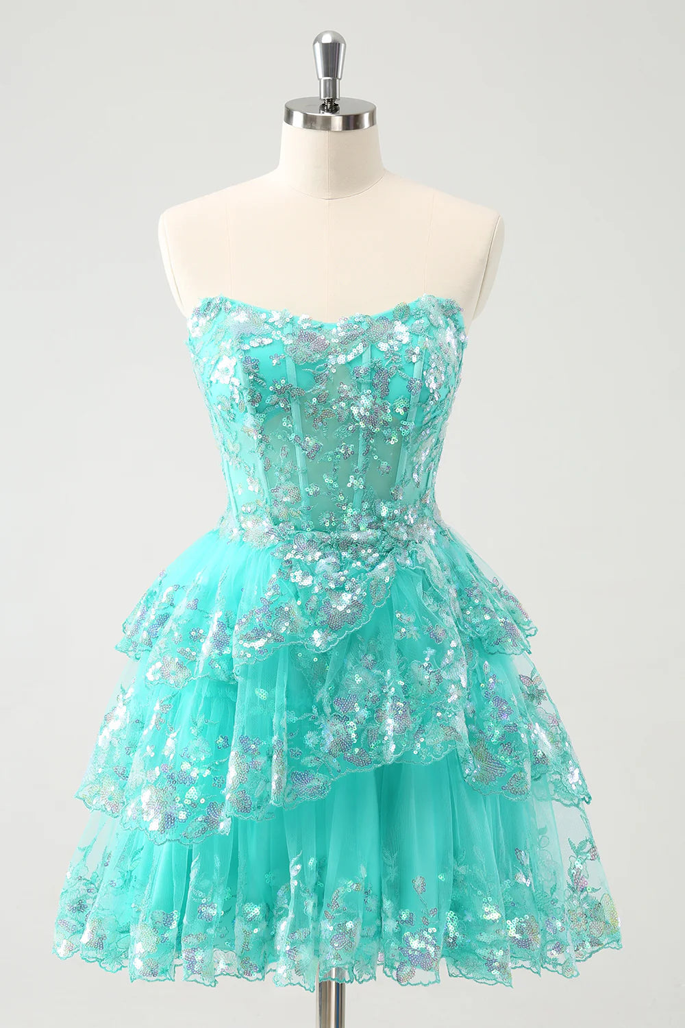 Amzcw Cute Sparkly Green A Line Corset Tiered Short Homecoming Dress with Lace Up Back