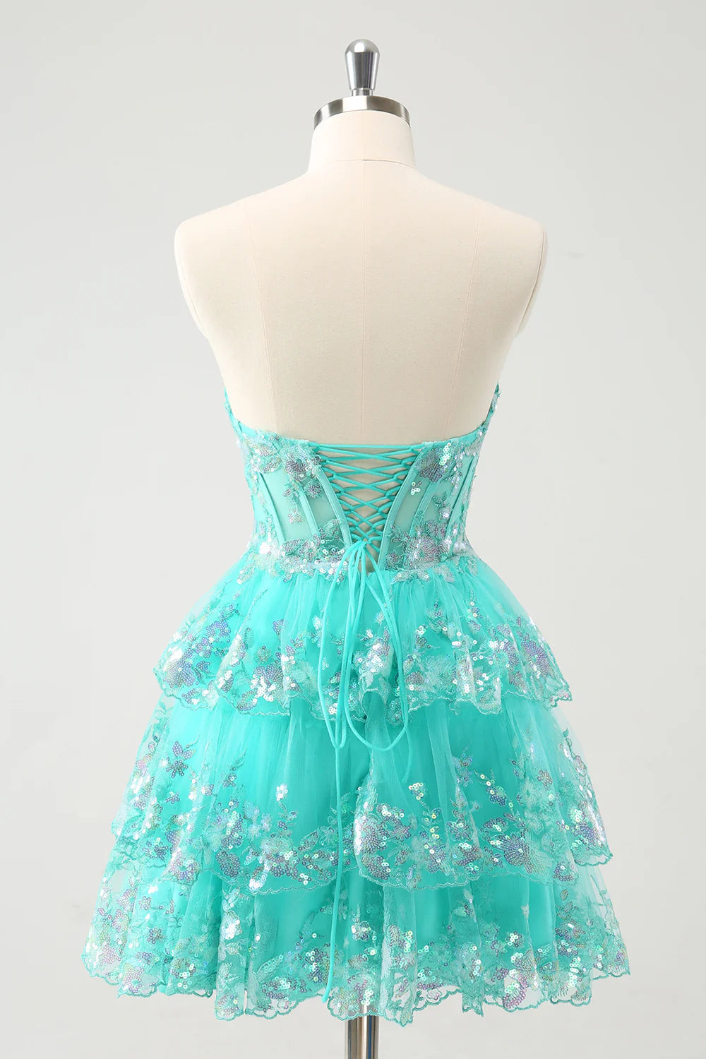 Amzcw Cute Sparkly Green A Line Corset Tiered Short Homecoming Dress with Lace Up Back