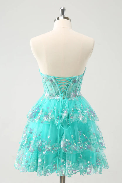 Amzcw Cute Sparkly Green A Line Corset Tiered Short Homecoming Dress with Lace Up Back
