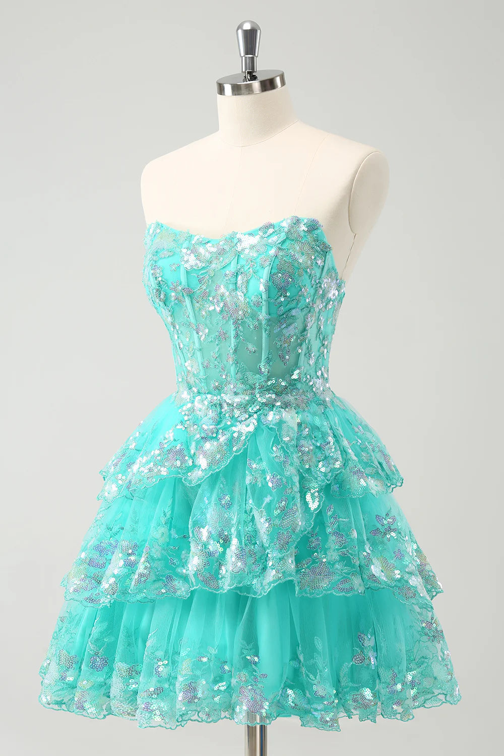 Amzcw Cute Sparkly Green A Line Corset Tiered Short Homecoming Dress with Lace Up Back