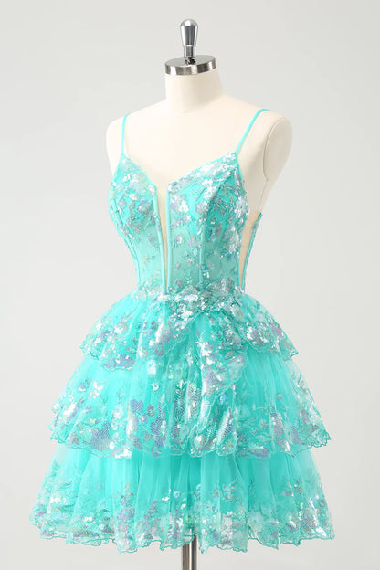 Amzcw Cute Sparkly Green A Line Spaghetti Straps Corset Tiered Short Homecoming Dress