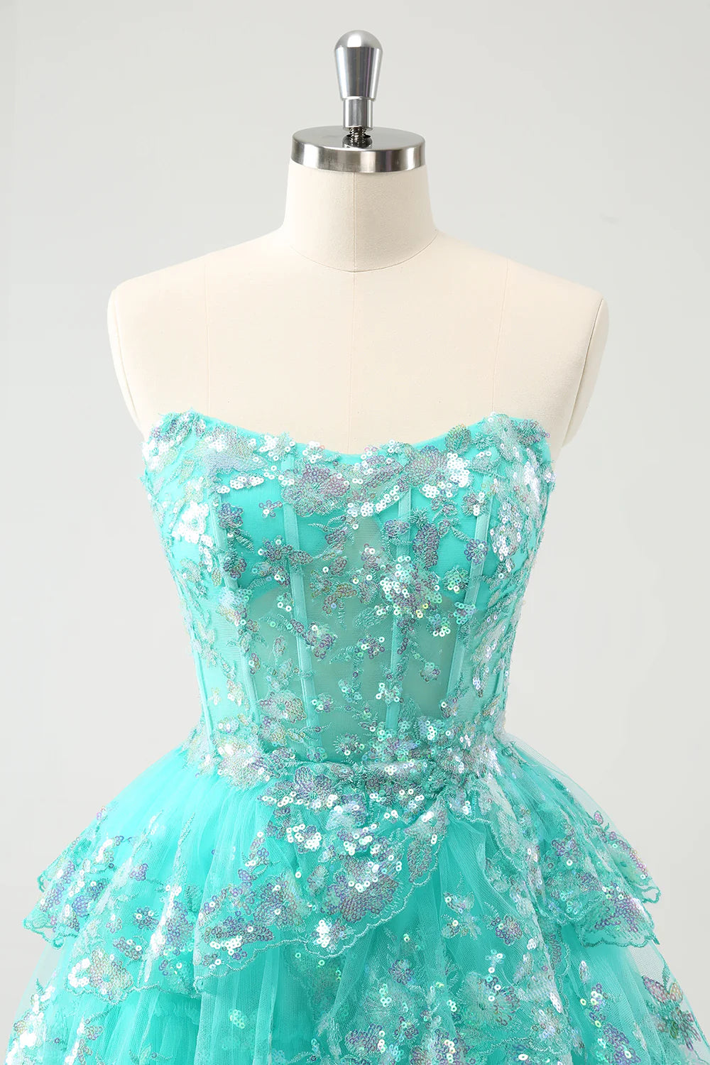Amzcw Cute Sparkly Green A Line Corset Tiered Short Homecoming Dress with Lace Up Back