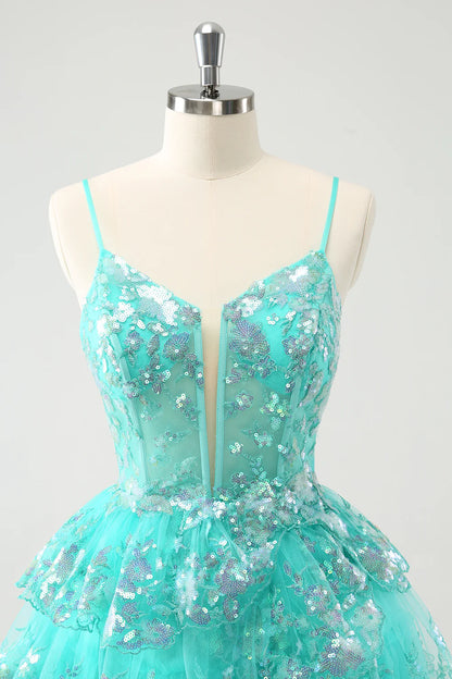 Amzcw Cute Sparkly Green A Line Spaghetti Straps Corset Tiered Short Homecoming Dress
