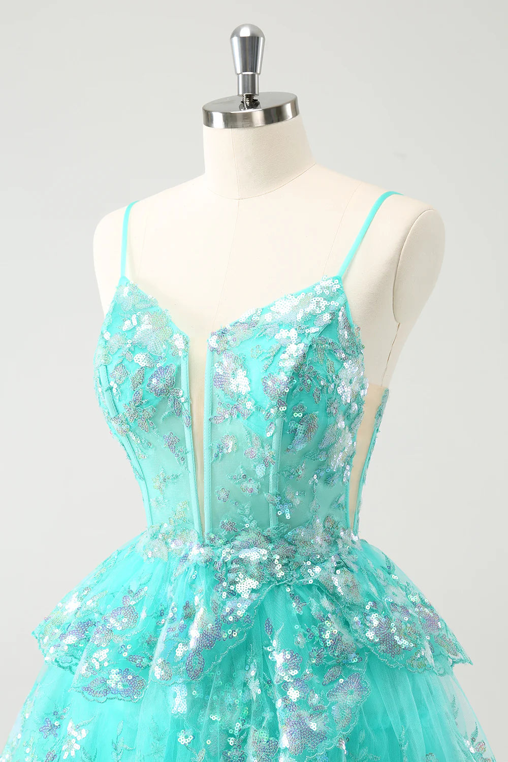 Amzcw Cute Sparkly Green A Line Spaghetti Straps Corset Tiered Short Homecoming Dress