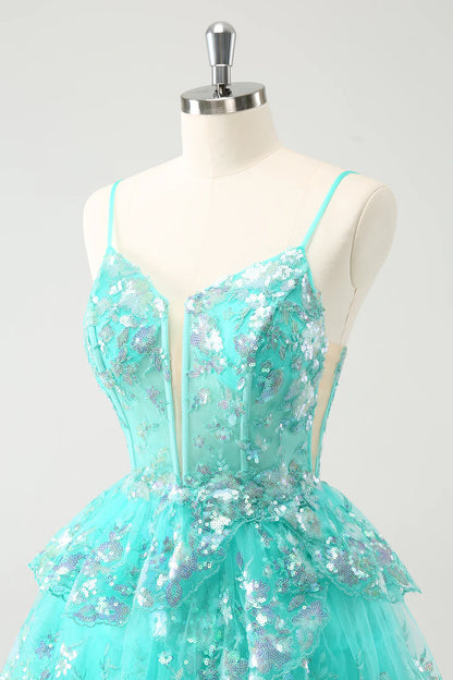 Amzcw Cute Sparkly Green A Line Spaghetti Straps Corset Tiered Short Homecoming Dress