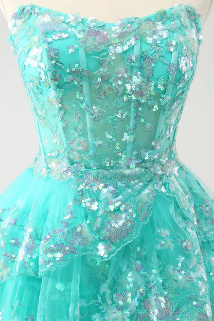 Amzcw Cute Sparkly Green A Line Corset Tiered Short Homecoming Dress with Lace Up Back
