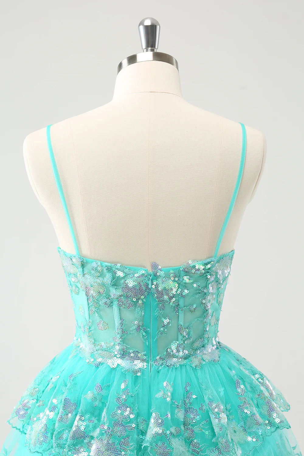 Amzcw Cute Sparkly Green A Line Spaghetti Straps Corset Tiered Short Homecoming Dress