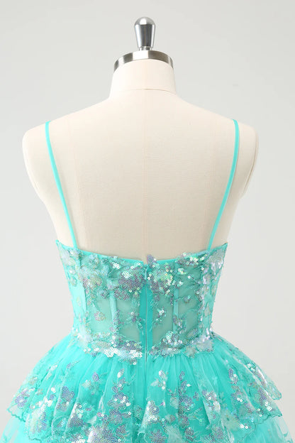 Amzcw Cute Sparkly Green A Line Spaghetti Straps Corset Tiered Short Homecoming Dress