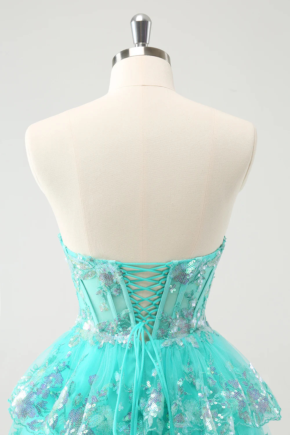 Amzcw Cute Sparkly Green A Line Corset Tiered Short Homecoming Dress with Lace Up Back