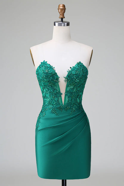 Amzcw Classy Dark Green Bodycon Strapless Pleated Short Homecoming Dress with Beading