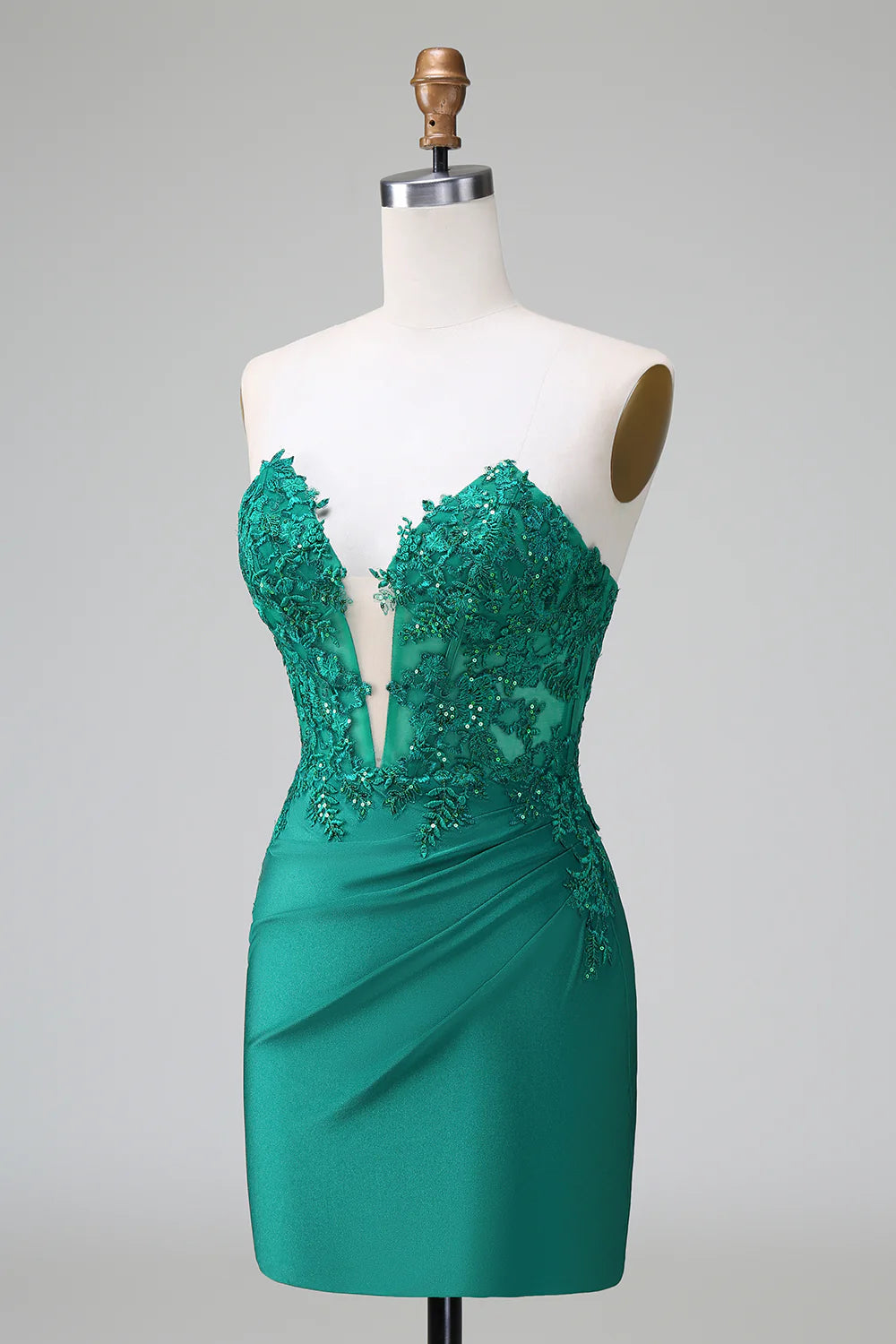Amzcw Classy Dark Green Bodycon Strapless Pleated Short Homecoming Dress with Beading